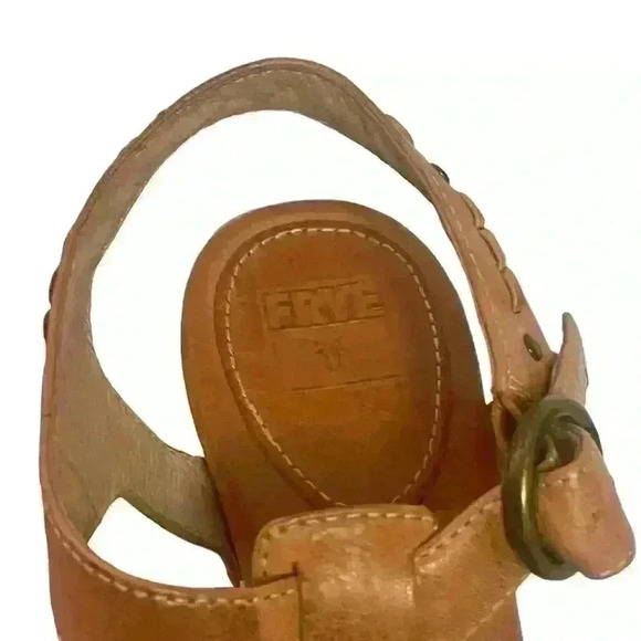 FRYE Fran X Stich Women Platform Brown Leather Wooden Heels Sandals Size 8.5 M - Picture 10 of 11